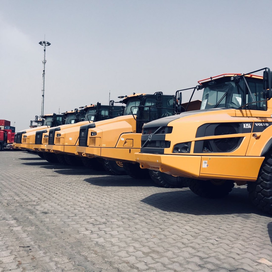 Tombereaux articulés Volvo A35G alignés au port